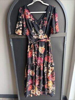Black Floral Wrap Midi Dress with Tie Waist